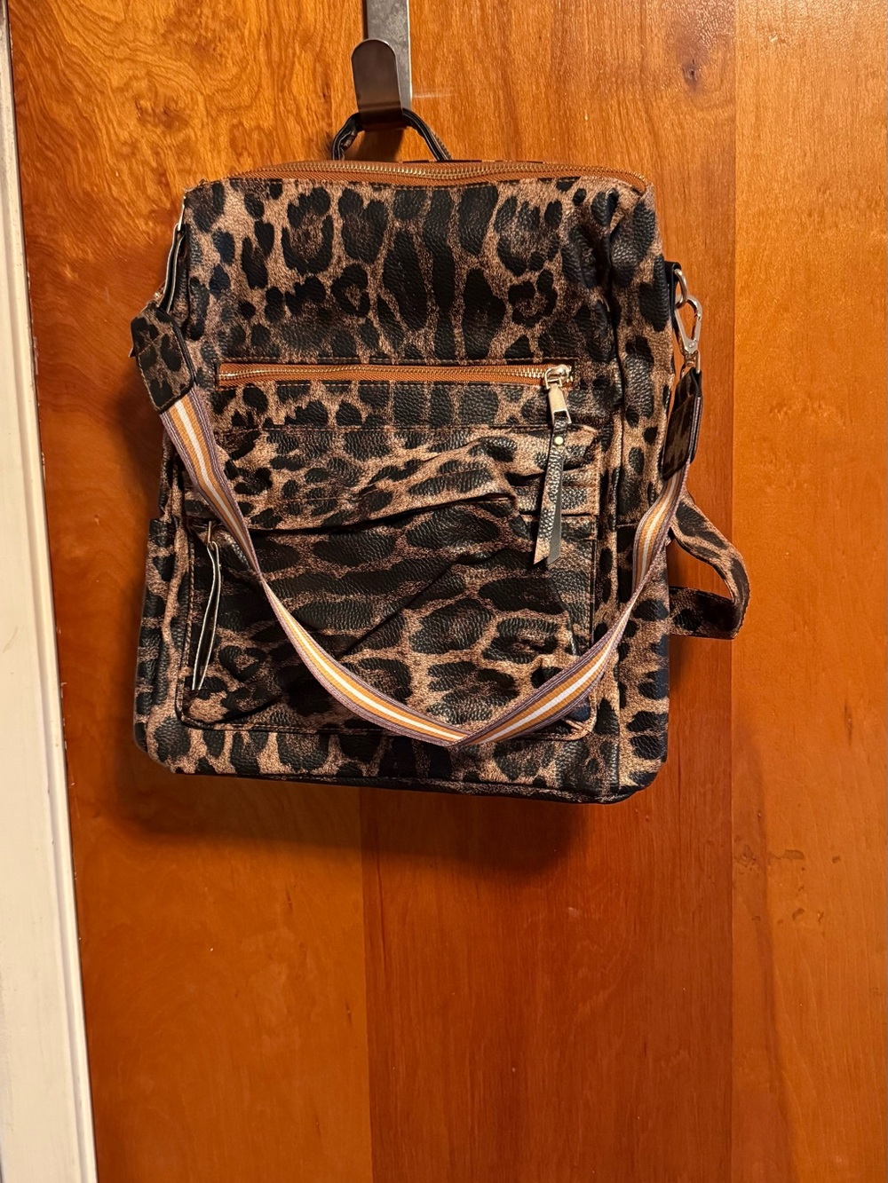 Leopard Print Women's Backpack with Striped Strap